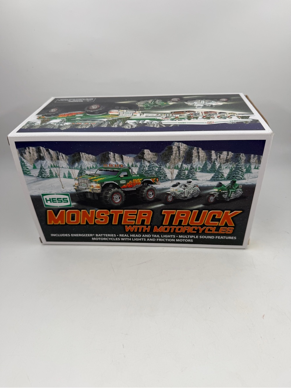 Hess 2007 C-46 Monster Truck w/2 Motorcycles Lights Sounds 12” Green White